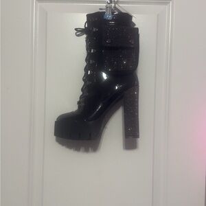 Glossy Black Platform Heeled Boots